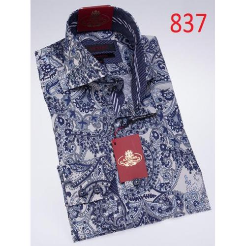 Axxess White / Navy Paisley Cotton Modern Fit Dress Shirt 837